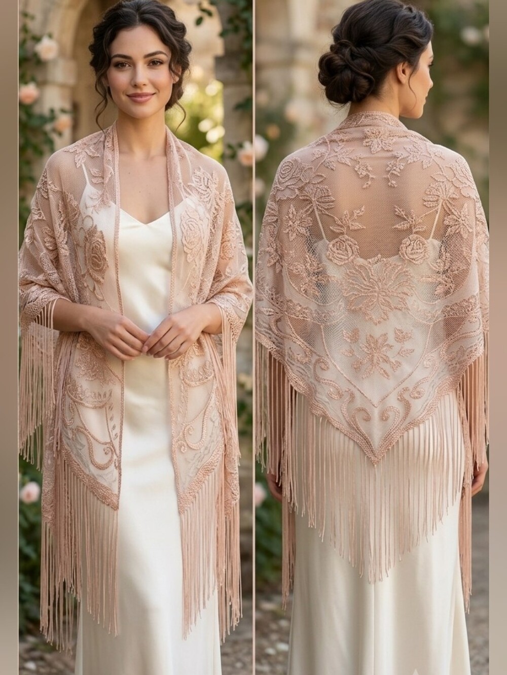 Floral Lace Fringe Shawl Scarf Wrap in Cream Blush Beige
